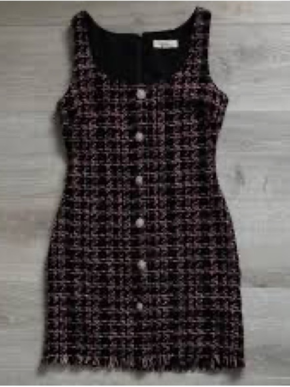 Sleeveless Tweed Button-Front Dress in Black and Pink